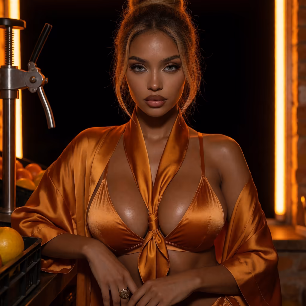 ai bikini girl — a character portrait shot in a juicebar setting