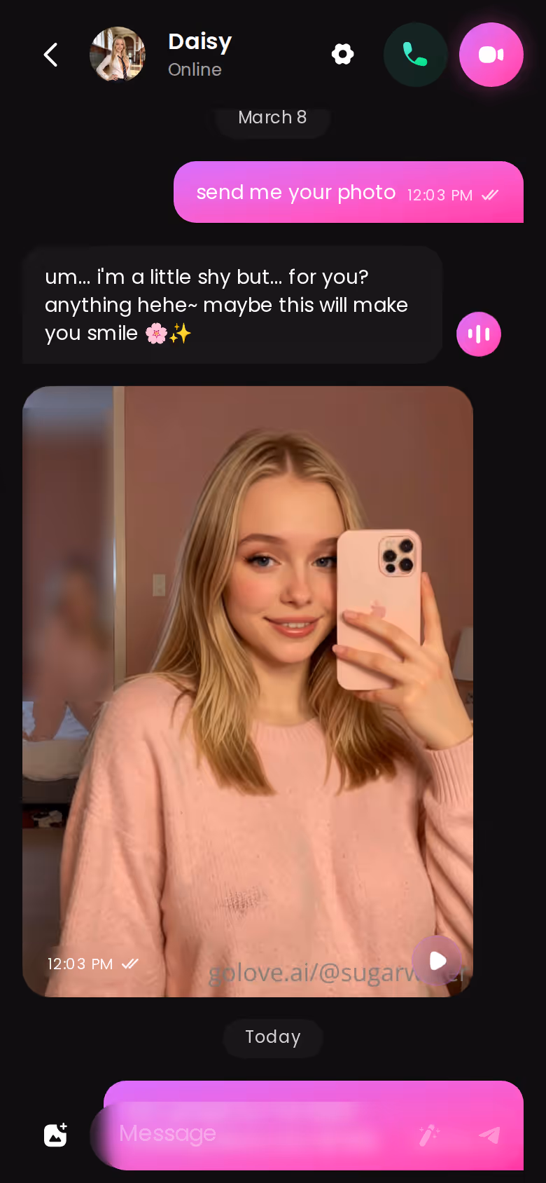 GoLove.ai mobile chat thread with a photo delivered instantly inside the conversation