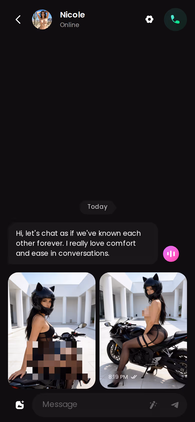 GoLove.ai mobile chat thread with a received photo and the voice-note button