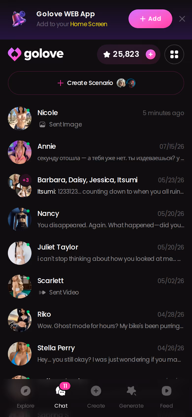 GoLove.ai mobile Chats list showing conversations with last-message previews
