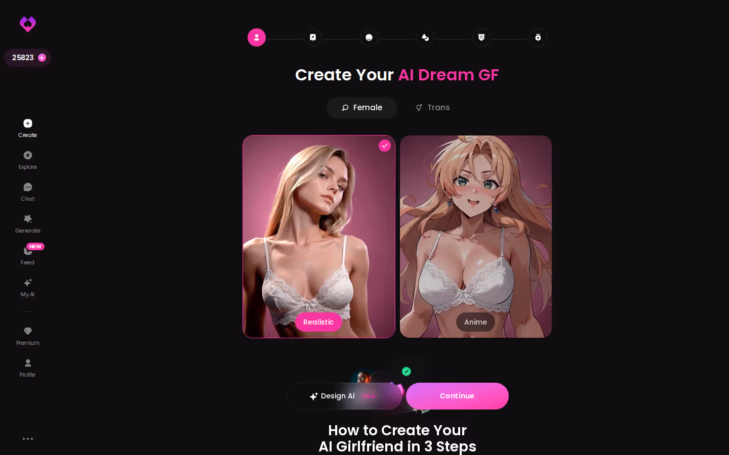 GoLove character creation wizard on desktop with Realistic, Anime and Trans categories