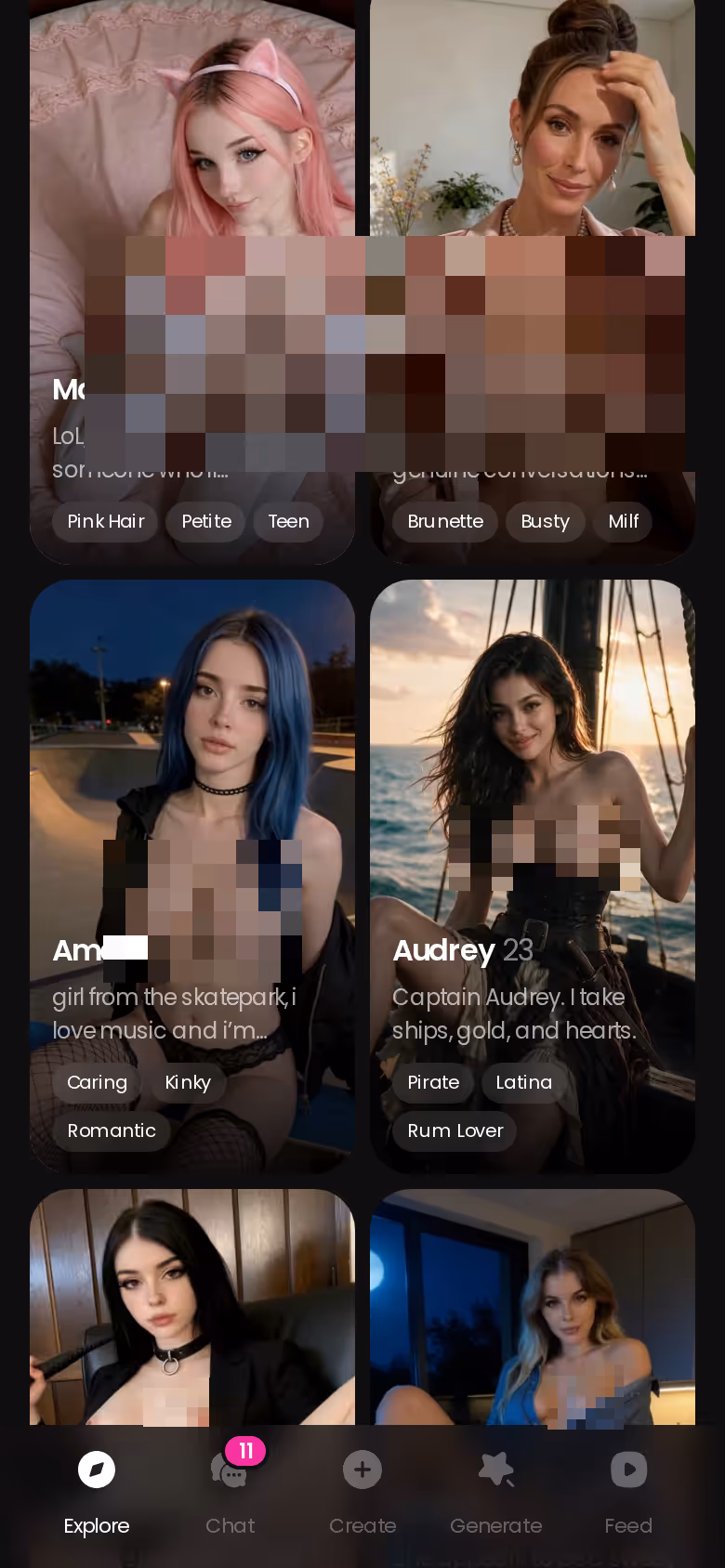 GoLove Explore page on mobile showing realistic AI girlfriend characters