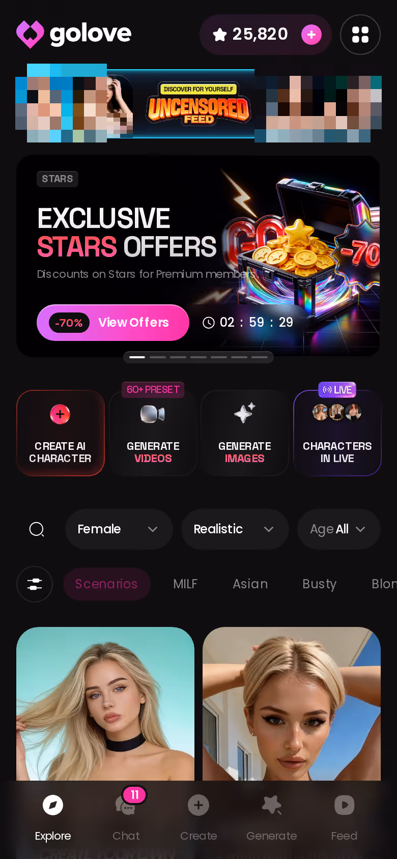 GoLove Explore tab on mobile showing the realistic character roster