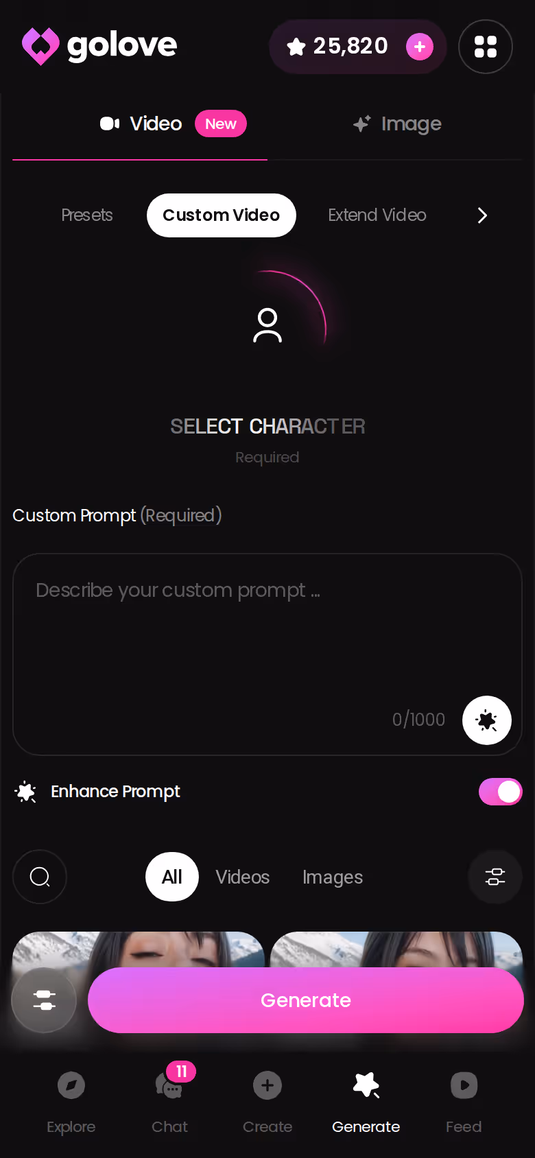 GoLove.ai mobile video generator with preset cards for action, clothes and background