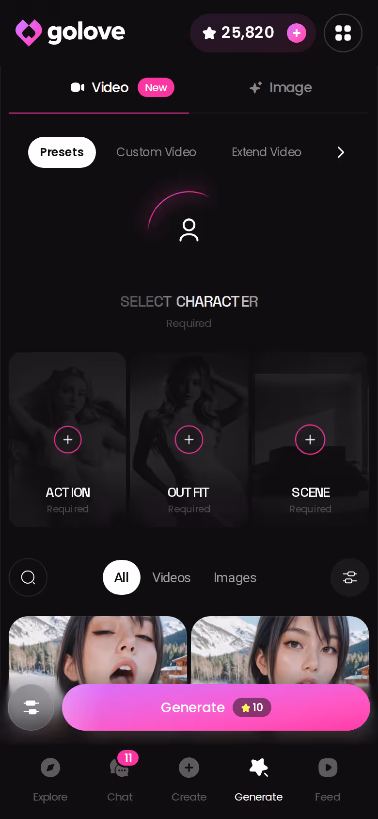 GoLove Generate hub on mobile with Image and Video tabs
